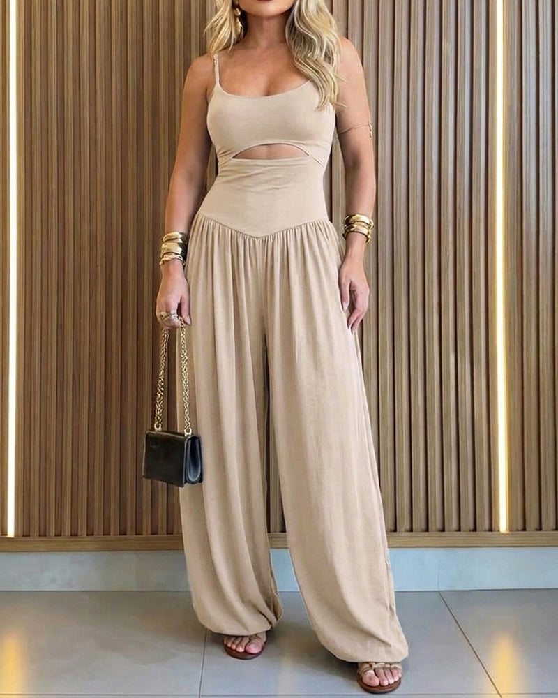 Cut-out Waist Cami Jumpsuit Backless Tie-Back Lantern Romper Ruched