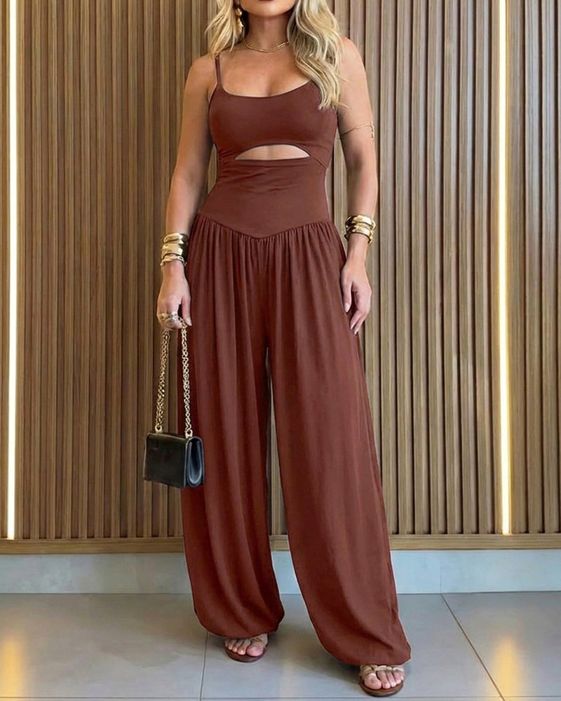 Cut-out Waist Cami Jumpsuit Backless Tie-Back Lantern Romper Ruched