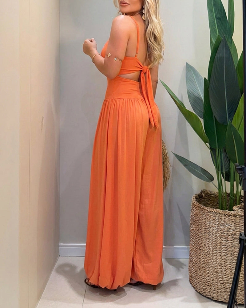 Cut-out Waist Cami Jumpsuit Backless Tie-Back Lantern Romper Ruched